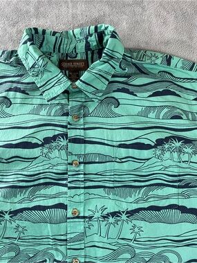 Hawaiian Shirt Green & Blue Copyright Wave Print Mens 2XL Cotton Cooke Street 2X